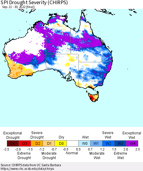 Australia SPI Drought Severity (CHIRPS) Thematic Map For 9/21/2022 - 9/30/2022