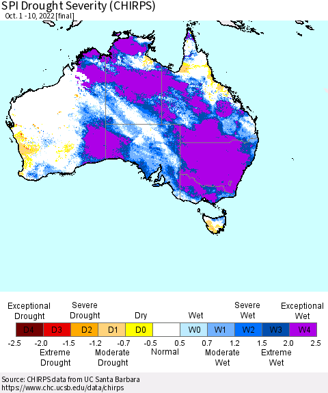 Australia SPI Drought Severity (CHIRPS) Thematic Map For 10/1/2022 - 10/10/2022