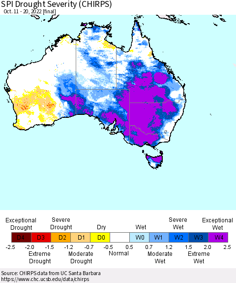 Australia SPI Drought Severity (CHIRPS) Thematic Map For 10/11/2022 - 10/20/2022