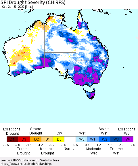 Australia SPI Drought Severity (CHIRPS) Thematic Map For 10/21/2022 - 10/31/2022
