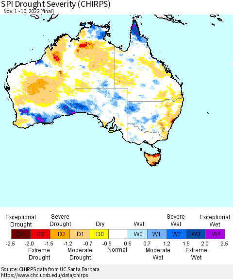 Australia SPI Drought Severity (CHIRPS) Thematic Map For 11/1/2022 - 11/10/2022
