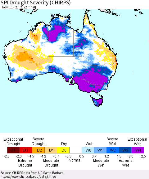 Australia SPI Drought Severity (CHIRPS) Thematic Map For 11/11/2022 - 11/20/2022