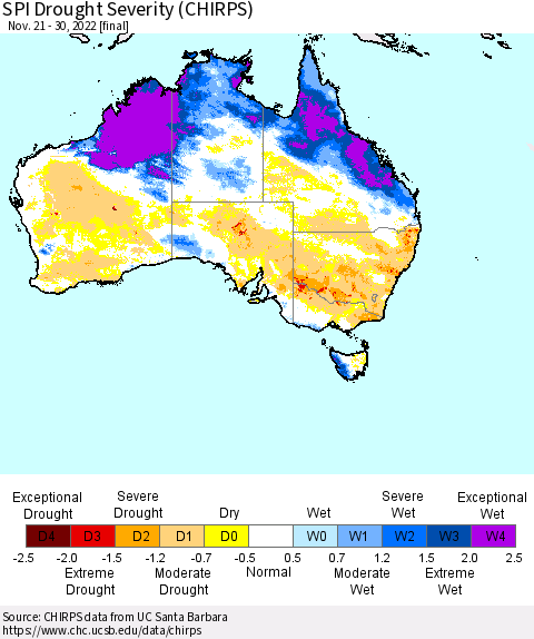 Australia SPI Drought Severity (CHIRPS) Thematic Map For 11/21/2022 - 11/30/2022