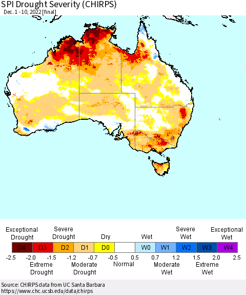 Australia SPI Drought Severity (CHIRPS) Thematic Map For 12/1/2022 - 12/10/2022
