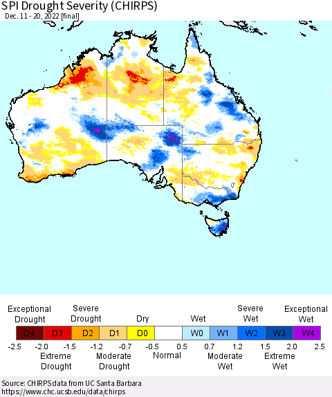 Australia SPI Drought Severity (CHIRPS) Thematic Map For 12/11/2022 - 12/20/2022