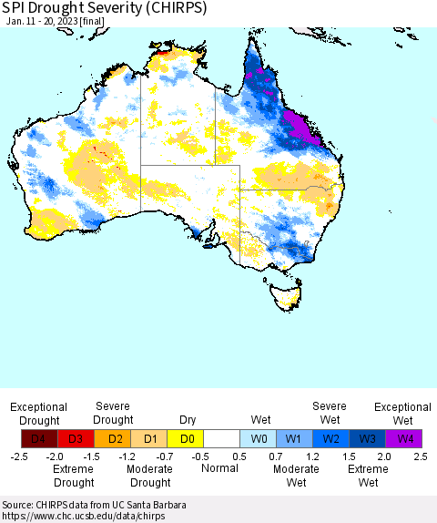 Australia SPI Drought Severity (CHIRPS) Thematic Map For 1/11/2023 - 1/20/2023