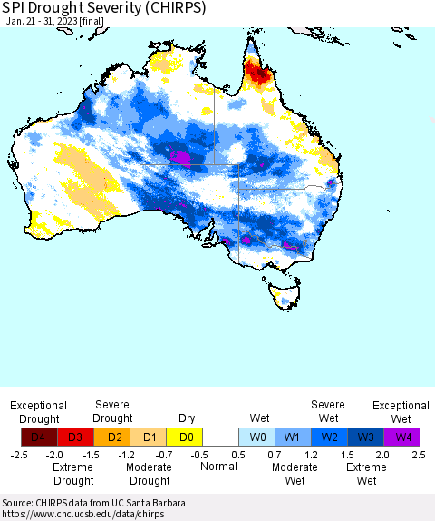 Australia SPI Drought Severity (CHIRPS) Thematic Map For 1/21/2023 - 1/31/2023