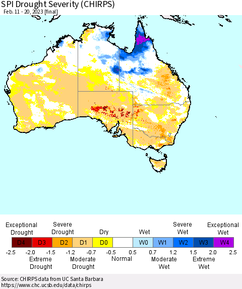 Australia SPI Drought Severity (CHIRPS) Thematic Map For 2/11/2023 - 2/20/2023
