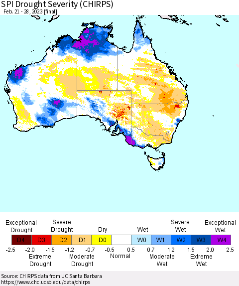 Australia SPI Drought Severity (CHIRPS) Thematic Map For 2/21/2023 - 2/28/2023