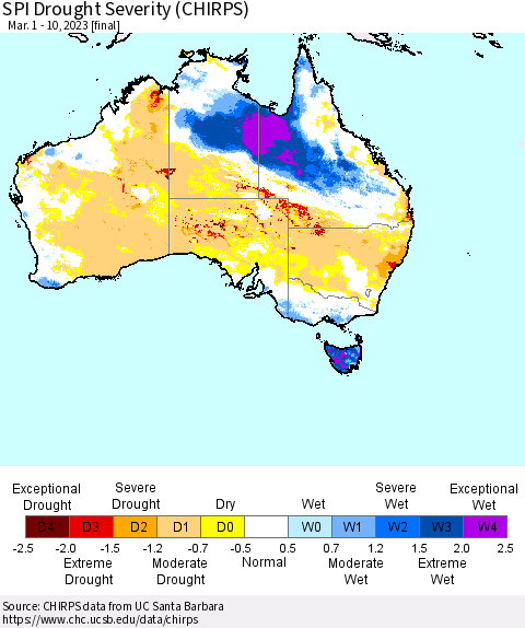 Australia SPI Drought Severity (CHIRPS) Thematic Map For 3/1/2023 - 3/10/2023