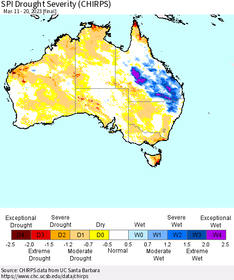 Australia SPI Drought Severity (CHIRPS) Thematic Map For 3/11/2023 - 3/20/2023