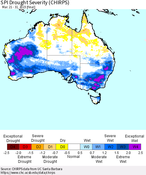 Australia SPI Drought Severity (CHIRPS) Thematic Map For 3/21/2023 - 3/31/2023