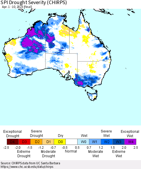 Australia SPI Drought Severity (CHIRPS) Thematic Map For 4/1/2023 - 4/10/2023