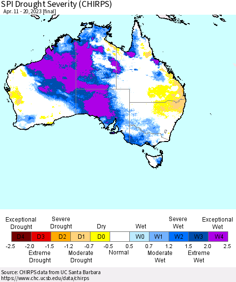 Australia SPI Drought Severity (CHIRPS) Thematic Map For 4/11/2023 - 4/20/2023