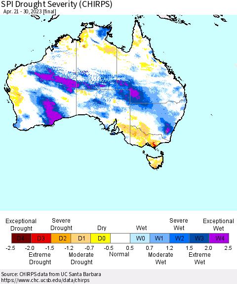 Australia SPI Drought Severity (CHIRPS) Thematic Map For 4/21/2023 - 4/30/2023