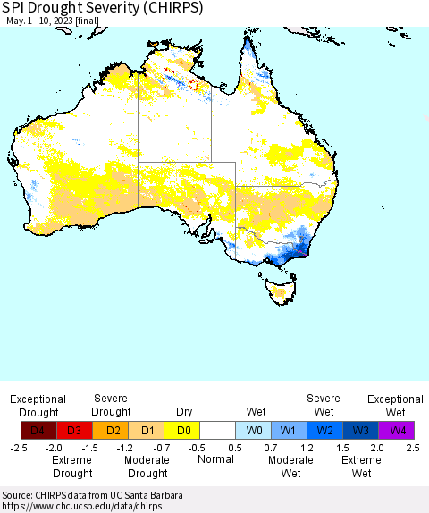 Australia SPI Drought Severity (CHIRPS) Thematic Map For 5/1/2023 - 5/10/2023