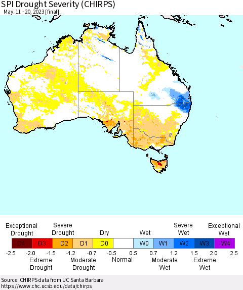 Australia SPI Drought Severity (CHIRPS) Thematic Map For 5/11/2023 - 5/20/2023