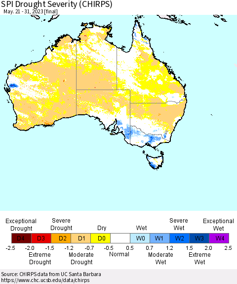 Australia SPI Drought Severity (CHIRPS) Thematic Map For 5/21/2023 - 5/31/2023