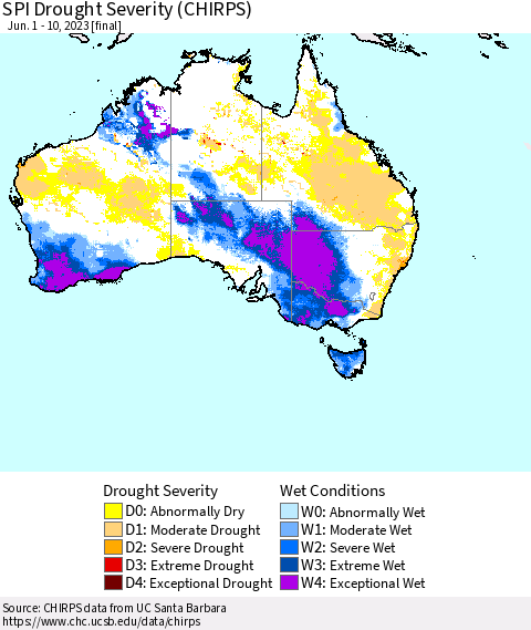 Australia SPI Drought Severity (CHIRPS) Thematic Map For 6/1/2023 - 6/10/2023