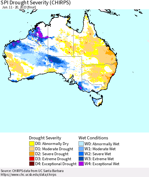 Australia SPI Drought Severity (CHIRPS) Thematic Map For 6/11/2023 - 6/20/2023