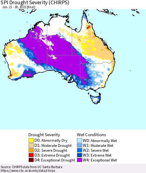 Australia SPI Drought Severity (CHIRPS) Thematic Map For 6/21/2023 - 6/30/2023