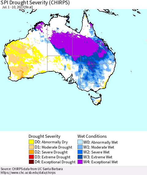 Australia SPI Drought Severity (CHIRPS) Thematic Map For 7/1/2023 - 7/10/2023