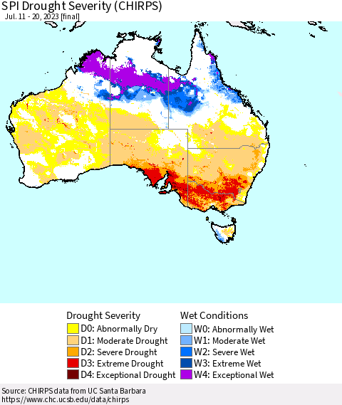 Australia SPI Drought Severity (CHIRPS) Thematic Map For 7/11/2023 - 7/20/2023
