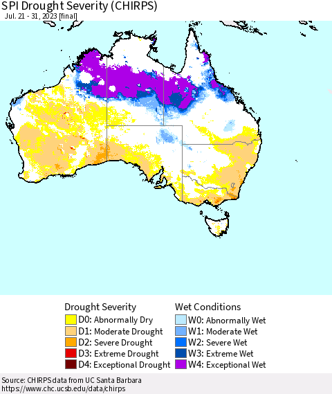 Australia SPI Drought Severity (CHIRPS) Thematic Map For 7/21/2023 - 7/31/2023