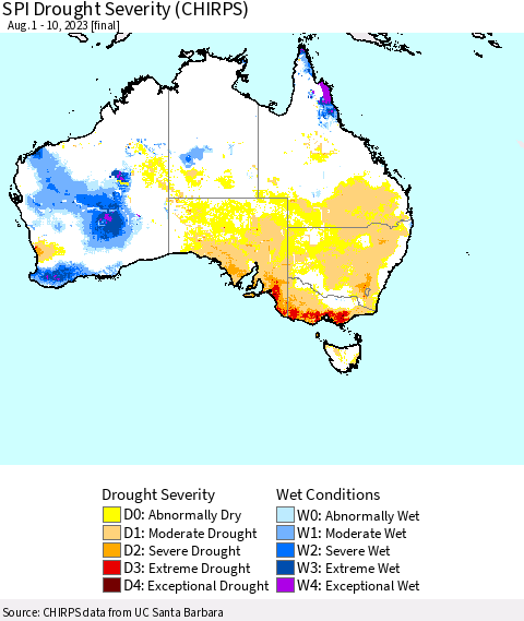 Australia SPI Drought Severity (CHIRPS) Thematic Map For 8/1/2023 - 8/10/2023