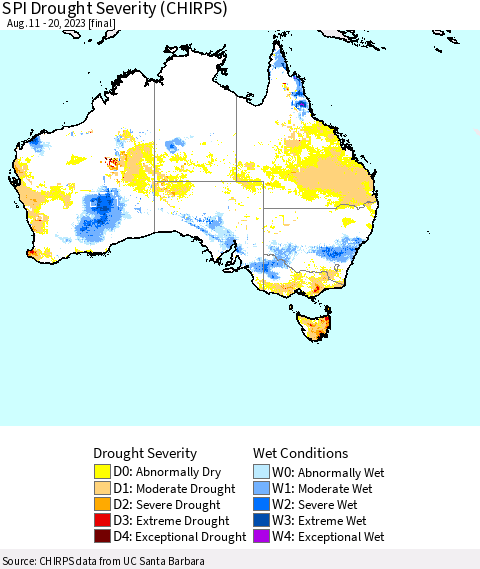 Australia SPI Drought Severity (CHIRPS) Thematic Map For 8/11/2023 - 8/20/2023