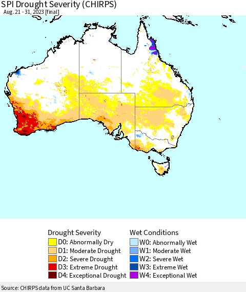 Australia SPI Drought Severity (CHIRPS) Thematic Map For 8/21/2023 - 8/31/2023