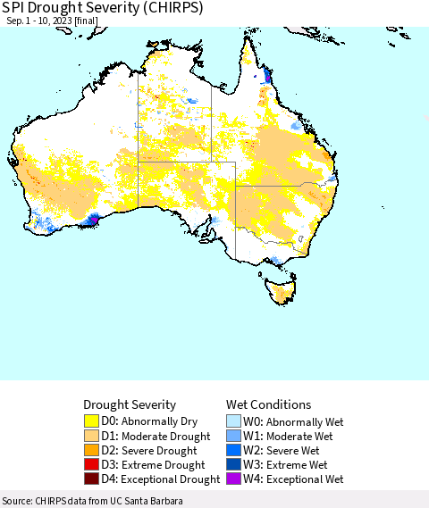 Australia SPI Drought Severity (CHIRPS) Thematic Map For 9/1/2023 - 9/10/2023