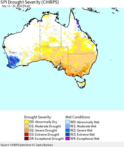 Australia SPI Drought Severity (CHIRPS) Thematic Map For 9/11/2023 - 9/20/2023