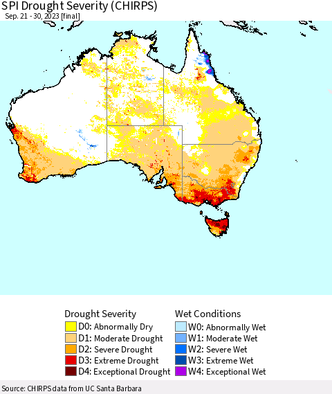 Australia SPI Drought Severity (CHIRPS) Thematic Map For 9/21/2023 - 9/30/2023