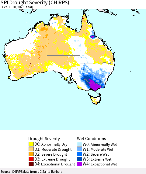 Australia SPI Drought Severity (CHIRPS) Thematic Map For 10/1/2023 - 10/10/2023