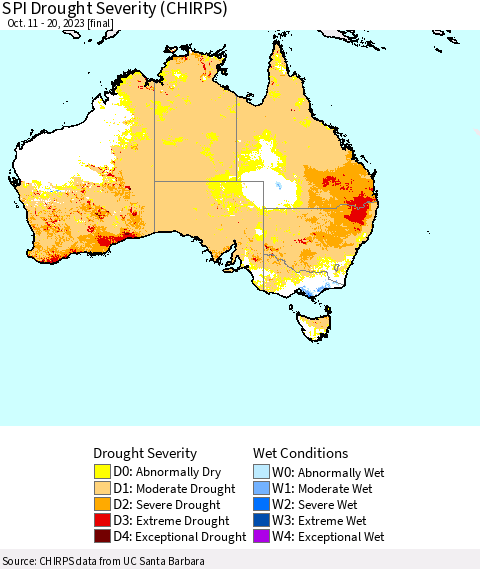 Australia SPI Drought Severity (CHIRPS) Thematic Map For 10/11/2023 - 10/20/2023