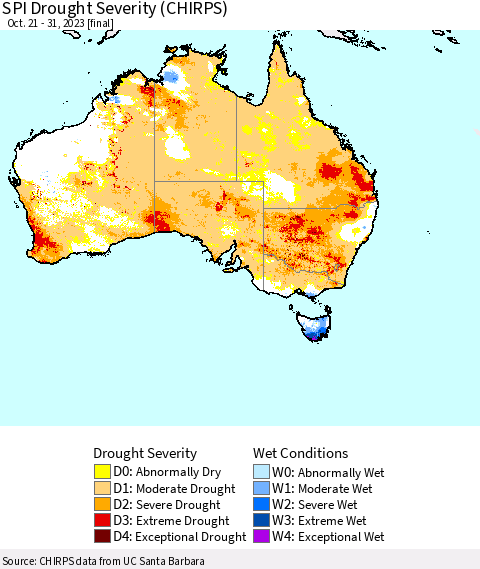 Australia SPI Drought Severity (CHIRPS) Thematic Map For 10/21/2023 - 10/31/2023