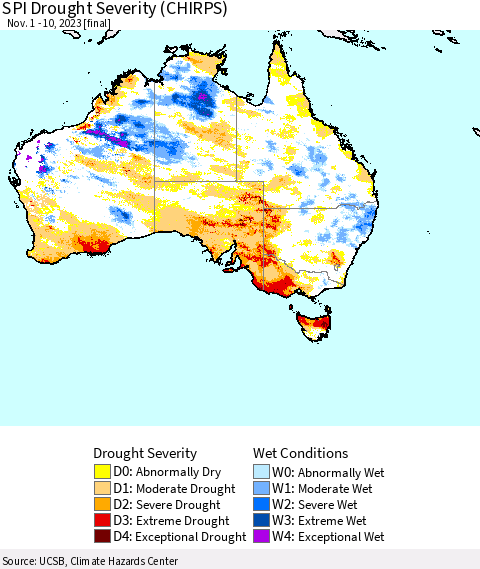 Australia SPI Drought Severity (CHIRPS) Thematic Map For 11/1/2023 - 11/10/2023