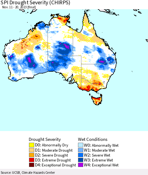 Australia SPI Drought Severity (CHIRPS) Thematic Map For 11/11/2023 - 11/20/2023