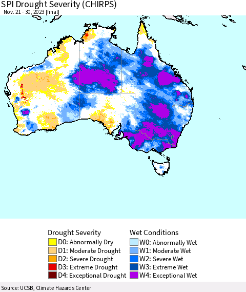 Australia SPI Drought Severity (CHIRPS) Thematic Map For 11/21/2023 - 11/30/2023