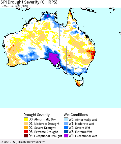 Australia SPI Drought Severity (CHIRPS) Thematic Map For 12/1/2023 - 12/10/2023