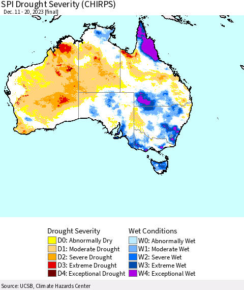 Australia SPI Drought Severity (CHIRPS) Thematic Map For 12/11/2023 - 12/20/2023