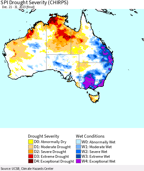Australia SPI Drought Severity (CHIRPS) Thematic Map For 12/21/2023 - 12/31/2023