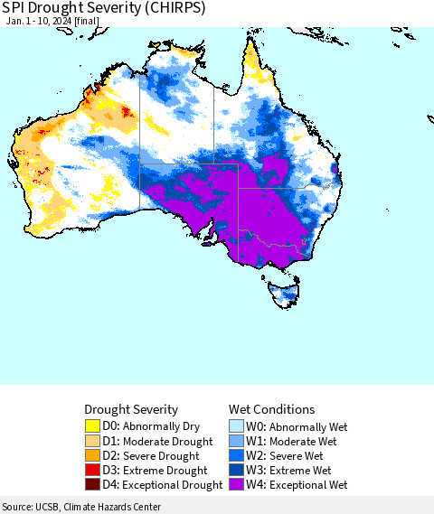 Australia SPI Drought Severity (CHIRPS) Thematic Map For 1/1/2024 - 1/10/2024