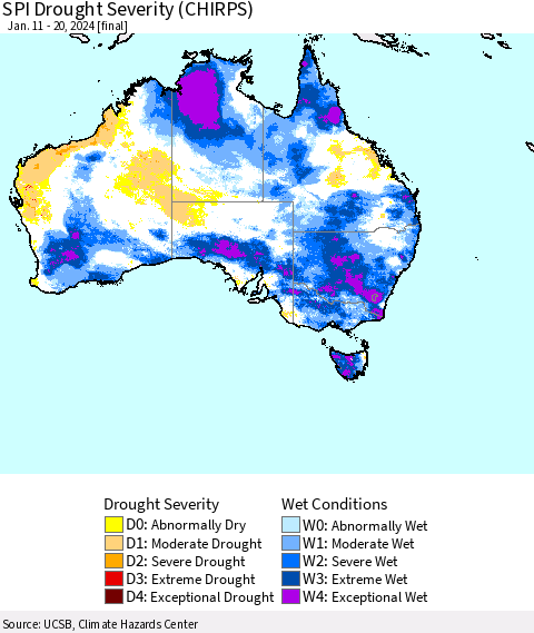 Australia SPI Drought Severity (CHIRPS) Thematic Map For 1/11/2024 - 1/20/2024