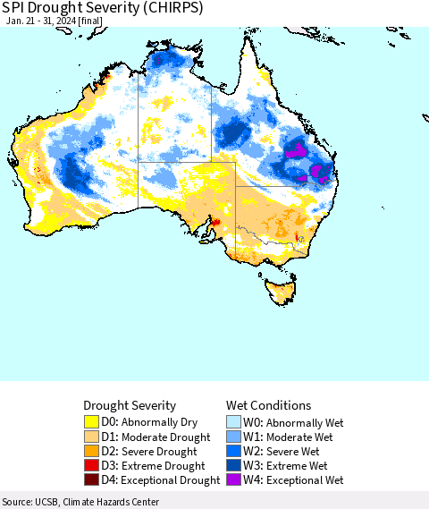 Australia SPI Drought Severity (CHIRPS) Thematic Map For 1/21/2024 - 1/31/2024