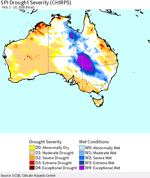 Australia SPI Drought Severity (CHIRPS) Thematic Map For 2/1/2024 - 2/10/2024