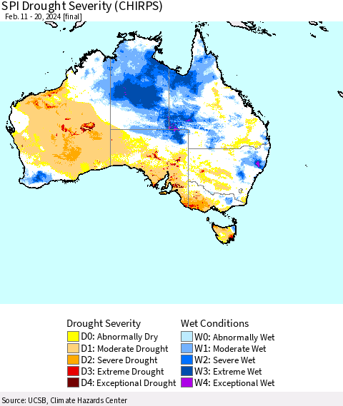 Australia SPI Drought Severity (CHIRPS) Thematic Map For 2/11/2024 - 2/20/2024