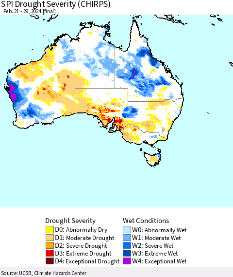 Australia SPI Drought Severity (CHIRPS) Thematic Map For 2/21/2024 - 2/29/2024