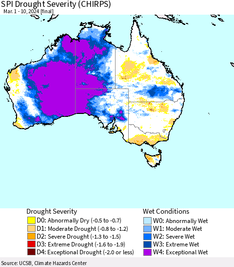 Australia SPI Drought Severity (CHIRPS) Thematic Map For 3/1/2024 - 3/10/2024